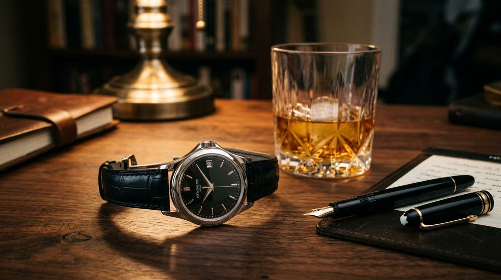 Klassische Armbanduhr mit Lederband auf einem Schreibtisch