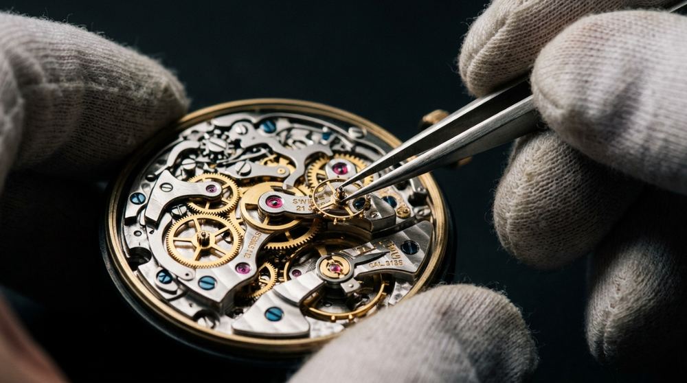 Uhrmacherhände in Handschuhen arbeiten mit der Pinzette an einem offenen Uhrwerk