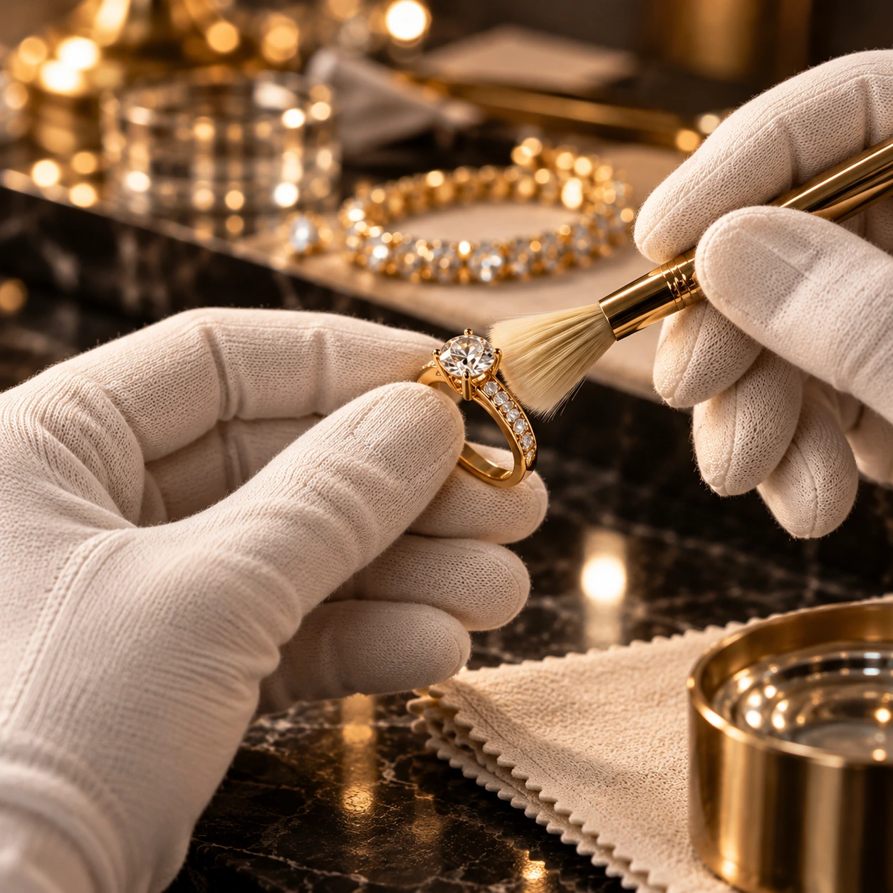 Goldring mit Diamant wird mit Handschuhen und Pinsel gereinigt